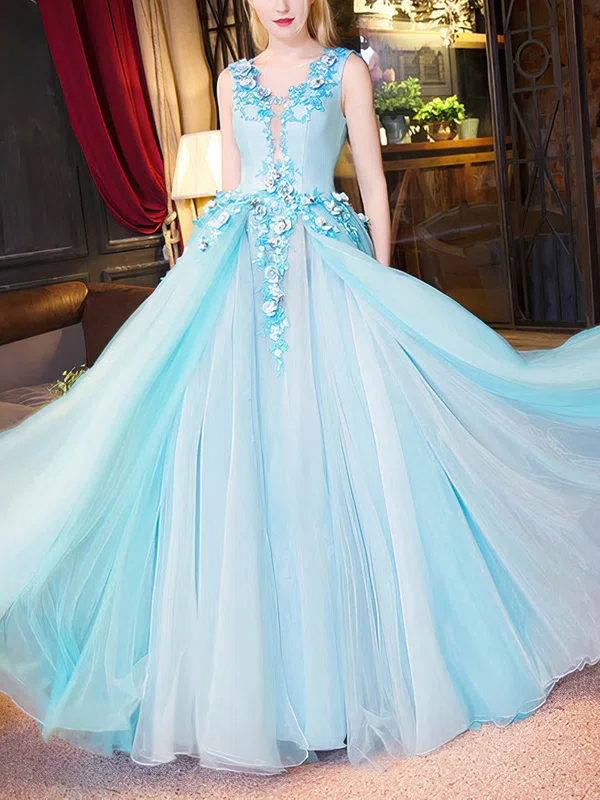 Ball Gown Scoop Neck Tulle with Appliques Lace Floor-length Newest Prom Dresses #UKM020103040