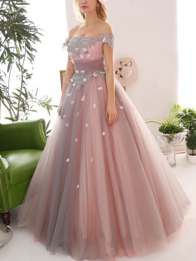 Ball Gown Off-the-shoulder Tulle Appliques Lace Floor-length New Arrival Prom Dresses #UKM020103044