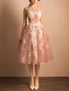 Ball Gown Scoop Neck Tulle Tea-length Appliques Lace Short Prom Dresses #UKM020103045