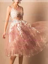 Ball Gown Scoop Neck Tulle Tea-length Appliques Lace Prom Dresses #UKM020103045