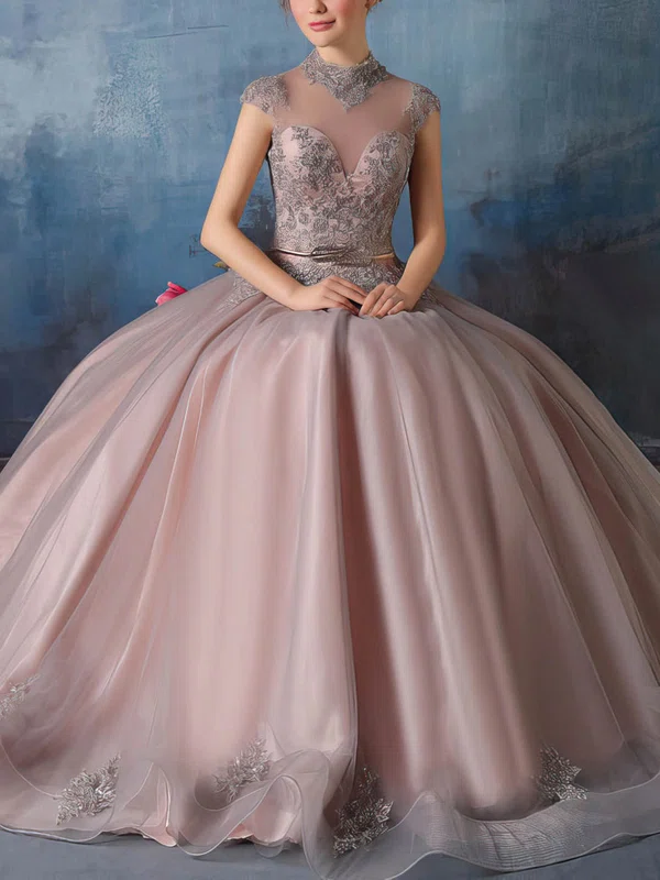 Elegant Ball Gown High Neck Tulle Appliques Lace Floor-length Open Back Prom Dresses #UKM020103049