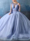 Ball Gown Scoop Neck Tulle Appliques Lace Sweep Train Long Sleeve Backless Modest Prom Dresses #UKM020103050