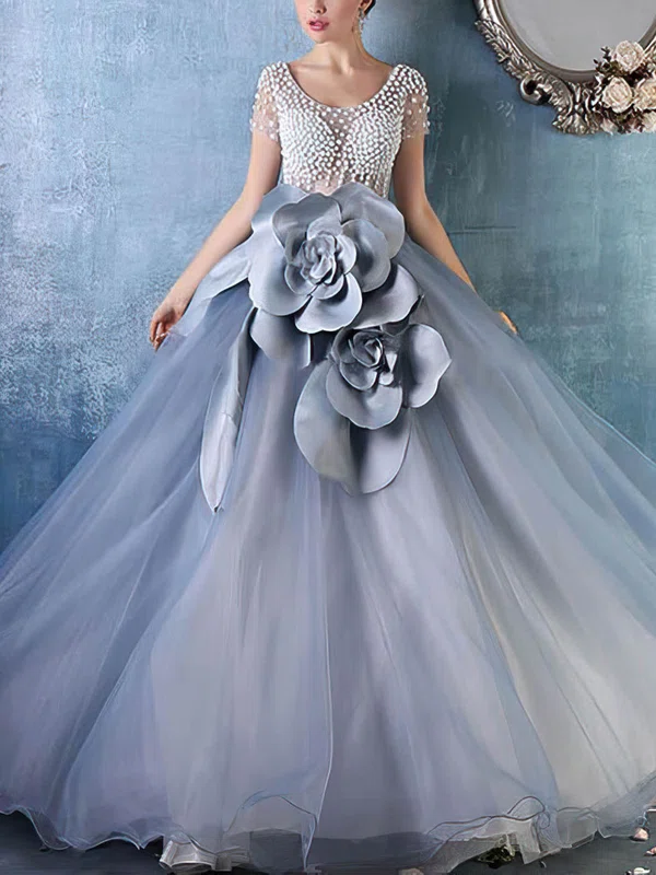 Beautiful Ball Gown Scoop Neck Tulle Beading Floor-length Short Sleeve Prom Dresses #UKM020103053