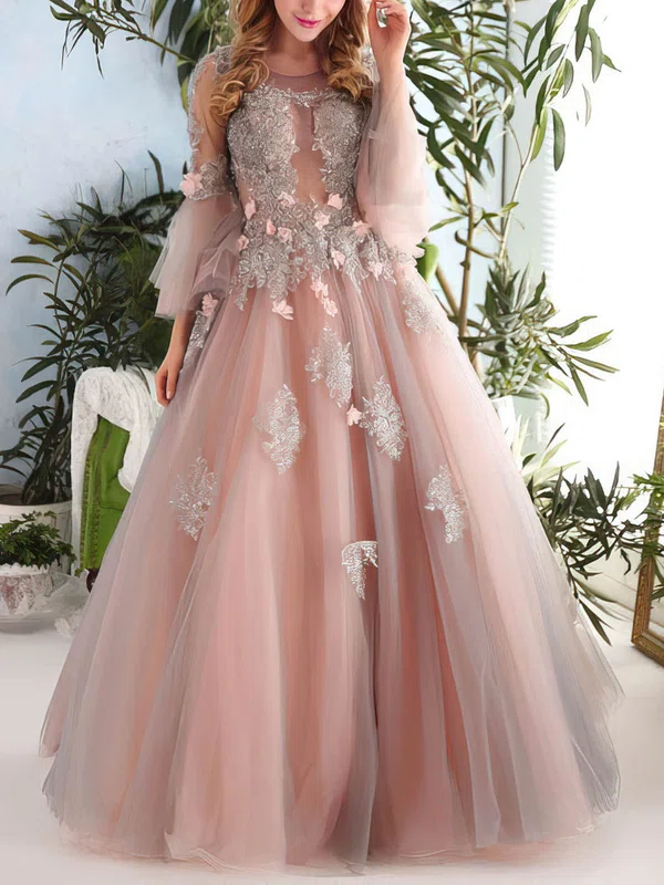 Ball Gown Scoop Neck Tulle Appliques Lace Floor-length Long Sleeve Pretty Prom Dresses #UKM020103054