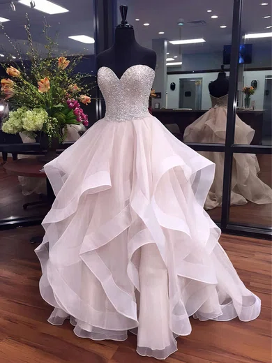 Ball Gown Strapless Tulle Ruffle Tiered Prom Dresses With Beading #UKM020103055
