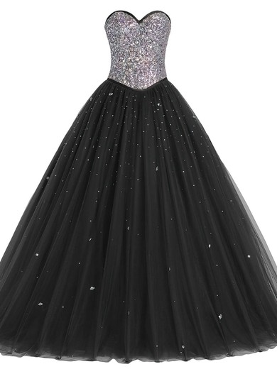 Original Ball Gown Sweetheart Tulle Sequined Crystal Detailing Floor-length Black Prom Dresses #UKM020103058