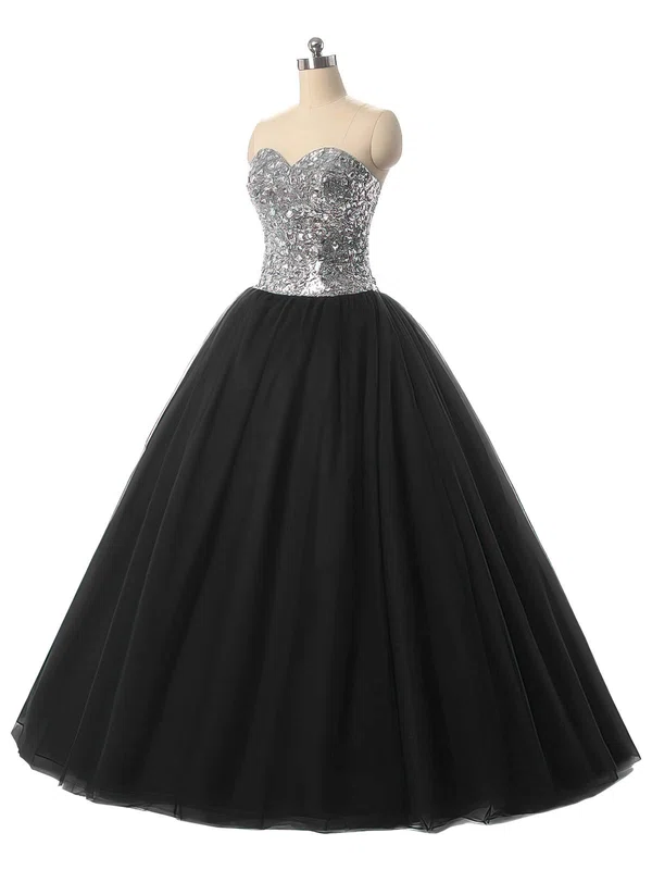 Fashion Ball Gown Sweetheart Tulle Sequined Crystal Detailing Floor-length Black Prom Dresses #UKM020103062