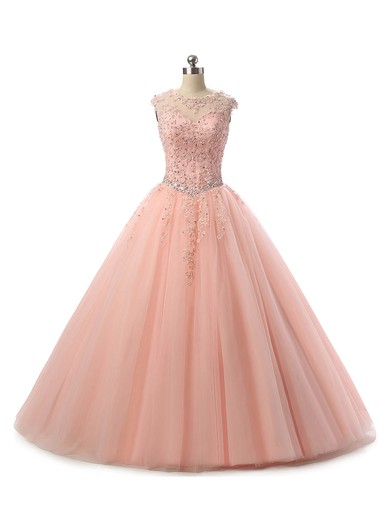 Ball Gown Scoop Neck Tulle Appliques Lace Floor-length Lace-up Trendy Prom Dresses #UKM020103065