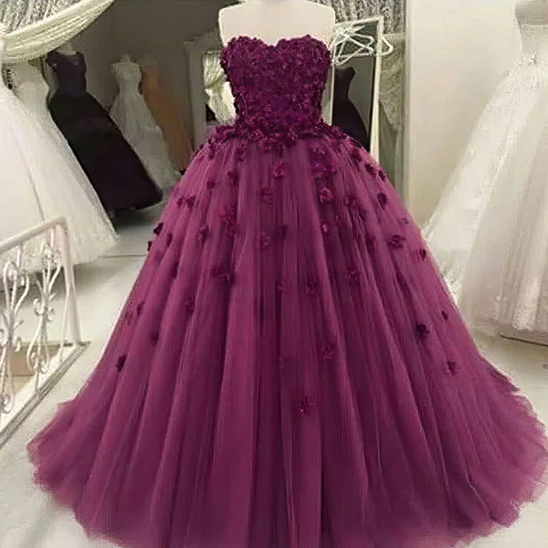 Ball Gown Sweetheart Tulle with Flower(s) Floor-length Fabulous Prom Dresses #UKM020103066