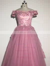 Ball Gown Off-the-shoulder Lace Tulle Appliques Lace Sweep Train Vintage Prom Dresses #UKM020103068