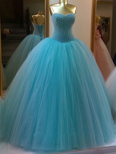 Glamorous Ball Gown Sweetheart Tulle Pearl Detailing Floor-length Lace-up Prom Dresses #UKM020103076