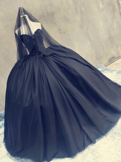 Ball Gown Sweetheart Tulle with Beading Floor-length Black Elegant Prom Dresses #UKM020103080