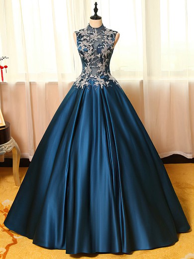 Ball Gown High Neck Satin Tulle Appliques Lace Floor-length Noble Prom Dresses #UKM020103086