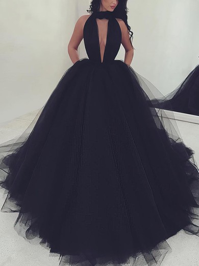 Ball Gown/Princess Sweep Train High Neck Tulle Ruffles Prom Dresses #UKM020103088
