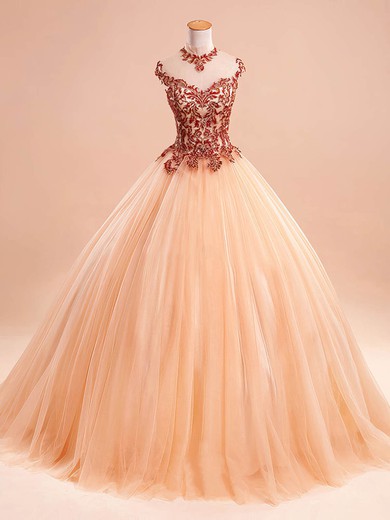 Ball Gown High Neck Tulle with Appliques Lace Floor-length Popular Prom Dresses #UKM020103093
