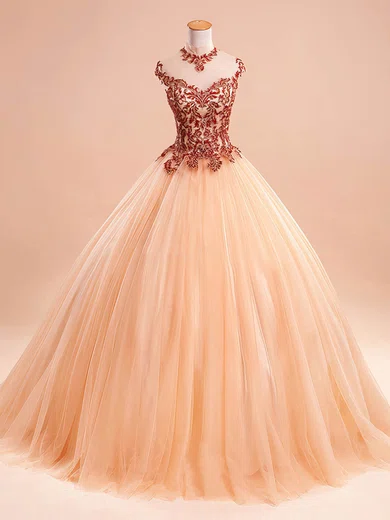 Ball Gown Illusion Floor-length Tulle Prom Dresses With Appliques #UKM020103093