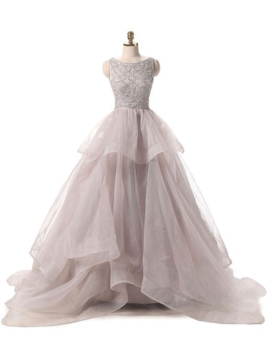 Ball Gown Scoop Neck Organza Sweep Train Beading Prom Dresses #UKM020103096