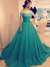 Ball Gown Scoop Neck Tulle Appliques Lace Sweep Train Long Sleeve Modest Prom Dresses #UKM020103098