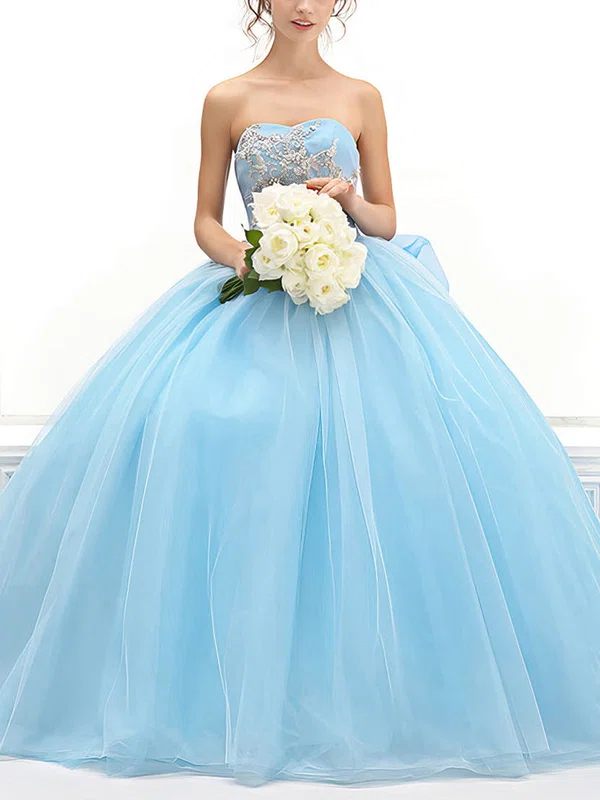 Ball Gown Sweetheart Chiffon Tulle Appliques Lace Court Train Blue Glamorous Prom Dresses #UKM020103099
