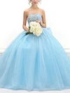 Ball Gown Sweetheart Chiffon Tulle Appliques Lace Court Train Blue Glamorous Prom Dresses #UKM020103099
