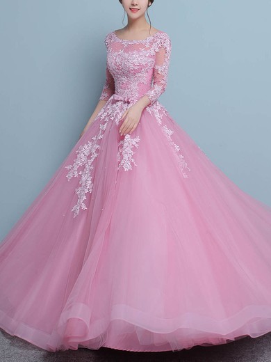 Pretty Ball Gown Scoop Neck Tulle Appliques Lace Floor-length 3/4 Sleeve Prom Dresses #UKM020103100