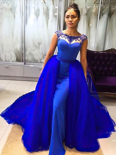 Ball Gown Scoop Neck Tulle Silk-like Satin Beading Detachable Royal Blue Modern Prom Dresses #UKM020103101