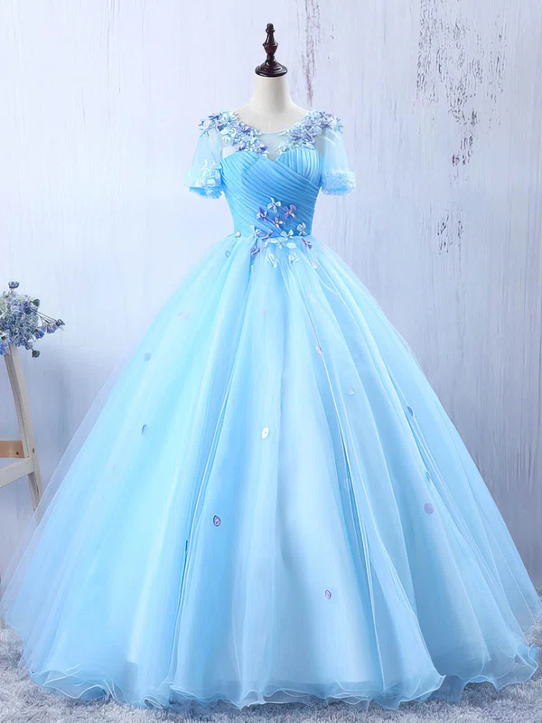 Fabulous Ball Gown Scoop Neck Tulle with Flower(s) Floor-length Short Sleeve Prom Dresses #UKM020103102