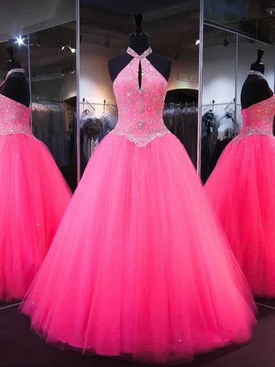 Ball Gown Halter Tulle Floor-length Cut Out Beaded Prom Dresses #UKM020103105