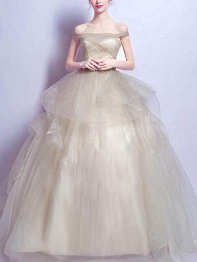 Ball Gown Off-the-shoulder Tulle Tiered Floor-length Lace-up Affordable Prom Dresses #UKM020103111