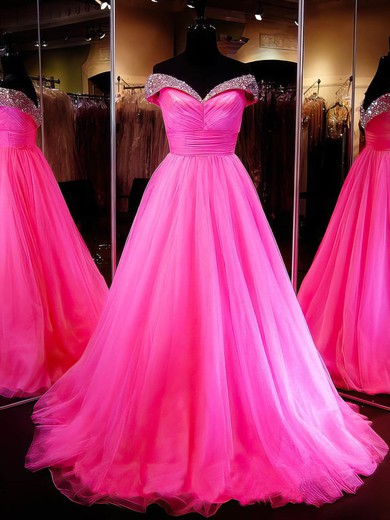 Ball Gown Off-the-shoulder Tulle Crystal Detailing Sweep Train Amazing Prom Dresses #UKM020103112