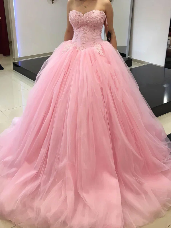 Boutique Ball Gown Sweetheart Tulle with Appliques Lace Sweep Train Pink Prom Dresses #UKM020103114