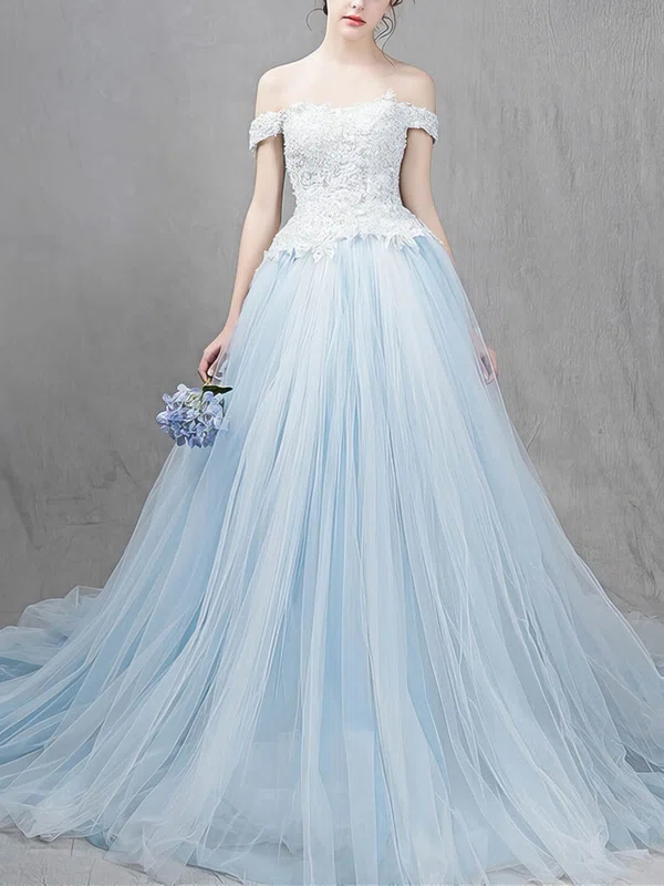 Ball Gown Off-the-shoulder Tulle Appliques Lace Court Train Fashion Prom Dresses #UKM020103115