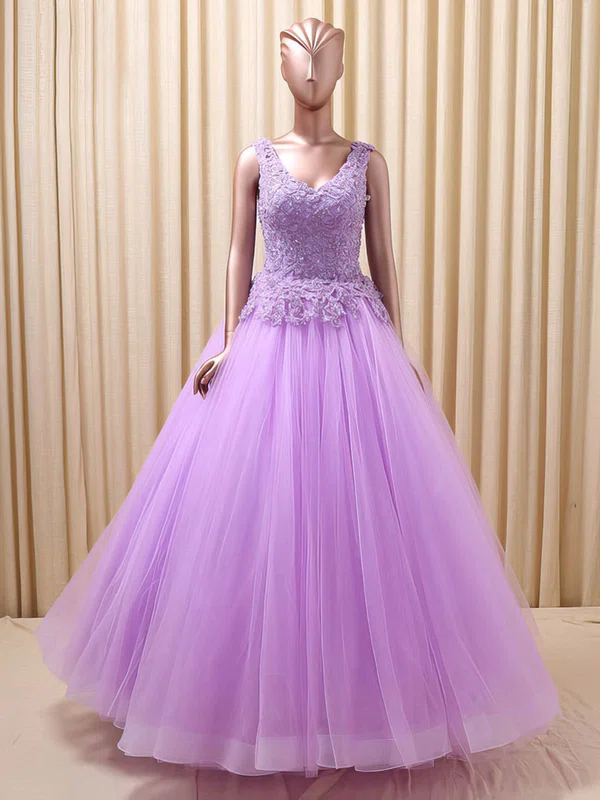 Graceful Ball Gown V-neck Tulle Appliques Lace Floor-length Backless Prom Dresses #UKM020103118