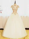 Ball Gown High Neck Tulle Appliques Lace Floor-length Cap Straps Fashion Prom Dresses #UKM020103121