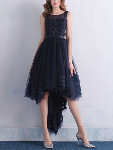 A-line Scoop Neck Tulle Asymmetrical Beading Prom Dresses #UKM020103134