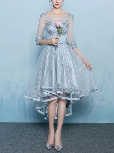 A-line Scoop Neck Lace Tulle Asymmetrical Appliques Lace Prom Dresses #UKM020103135