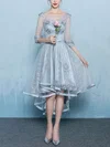 A-line Scoop Neck Lace Tulle Asymmetrical Appliques Lace Prom Dresses #UKM020103135