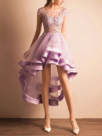 A-line Scoop Neck Tulle Asymmetrical Appliques Lace Prom Dresses #UKM020103141