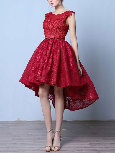 Princess Scoop Neck Lace Asymmetrical Appliques Lace Prom Dresses #UKM020103143