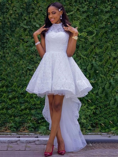A-line High Neck Lace Asymmetrical Appliques Lace Prom Dresses #UKM020103148