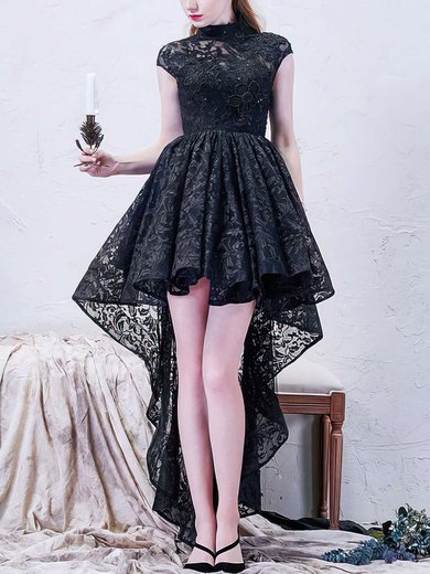 A-line High Neck Lace Asymmetrical Appliques Lace Prom Dresses #UKM020103149