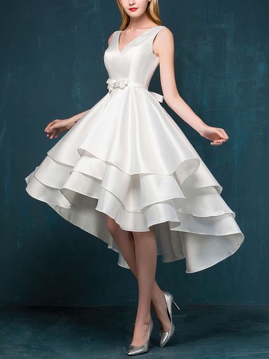 Princess V-neck Satin Asymmetrical Sashes / Ribbons Prom Dresses #UKM020103153