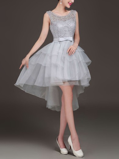 Princess Scoop Neck Lace Organza Asymmetrical Bow Prom Dresses #UKM020103155