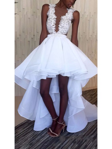 Princess Scoop Neck Satin Tulle Asymmetrical Appliques Lace Prom Dresses #UKM020103159