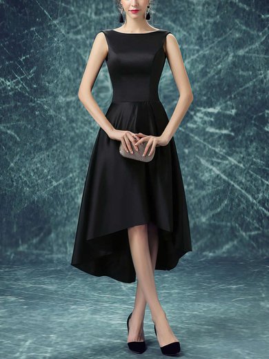 A-line Scoop Neck Satin Asymmetrical Prom Dresses #UKM020103168