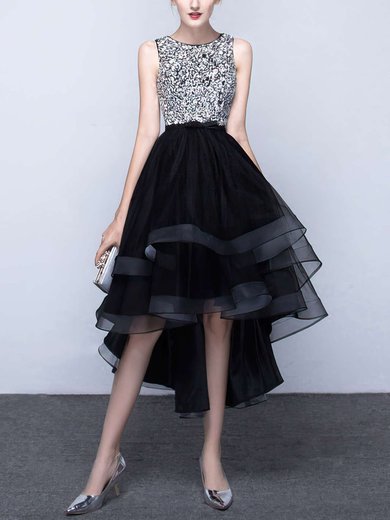 Princess Scoop Neck Organza Asymmetrical Beading Prom Dresses #UKM020103179