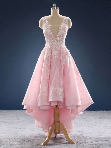 Princess V-neck Lace Asymmetrical Appliques Lace Prom Dresses #UKM020103187