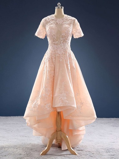 Princess Scoop Neck Organza Tulle Asymmetrical Appliques Lace Prom Dresses #UKM020103188