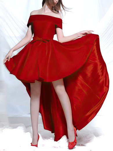 A-line Off-the-shoulder Satin Asymmetrical Sashes / Ribbons Prom Dresses #UKM020103189
