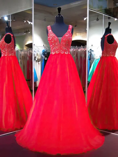 Red Ball Gown V-neck Backless Tulle Prom Dresses With Beading #UKM020103222
